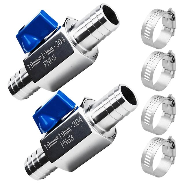 Main image of 2Pack 3/4" Hose ID Barb Mini Ball Valve, Stainless Steel Small Shut Off Valve with Clamps Kit for Water Oil Gas (2, 3/4 Inch)
