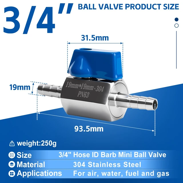 Alt view image 2 of 7 - 2Pack 3/4" Hose ID Barb Mini Ball Valve, Stainless Steel Small Shut Off Valve with Clamps Kit for Water Oil Gas (2, 3/4 Inch)