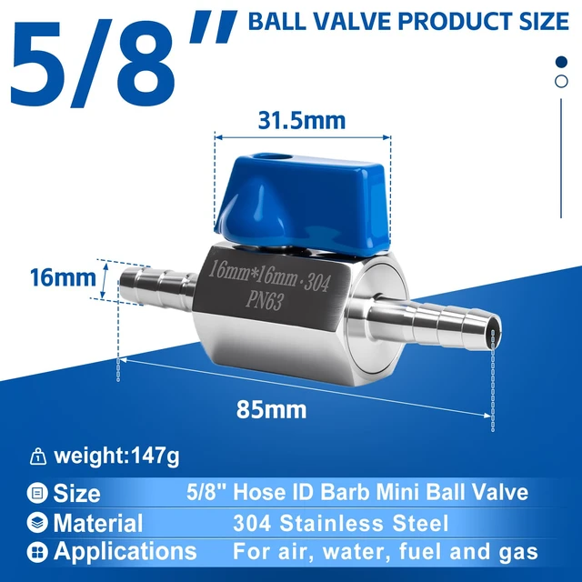 Alt view image 2 of 7 - 2Pack 5/8" Hose ID Barb Mini Ball Valve, Stainless Steel Small Shut Off Valve with Clamps Kit for Water Oil Gas (2, 5/8 Inch)
