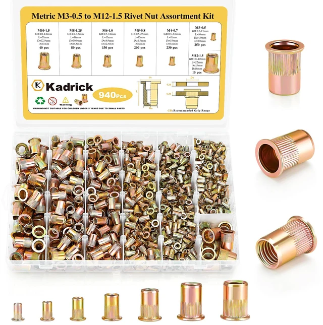 Main image of 940pcs Metric Rivet Nut Assortment Kit,Sizes:M3 M4 M5 M6 M8 M10 M12 Metric Rivet Nut Kit,Galvanized Carbon Steel Flat Head Threaded Insert Nut
