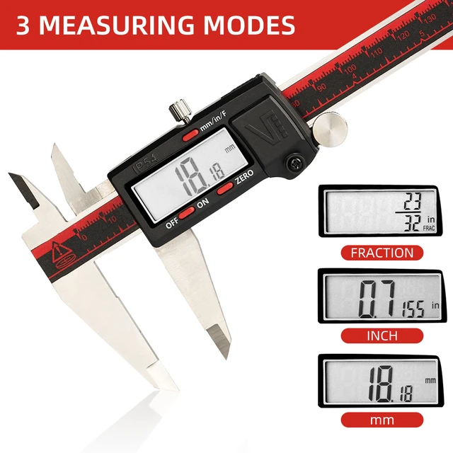 Alt view image 2 of 7 - IP54 Grade Digital Caliper, DCLA-0805 8 Inch/200mm, Inch/Millimeter/Fractions Conversion, Stainless Steel, Large LCD Screen