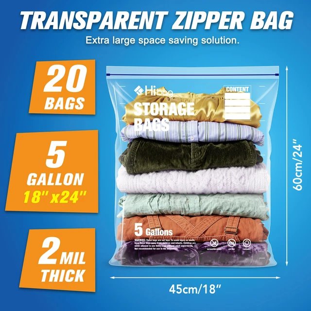 Alt view image 2 of 7 - 5 Gallon Extra Large Zippered Plastic Bags for Storage, 18'' x 24'', Clear Storage Bags for Clothes, Extra Thick 20 pack