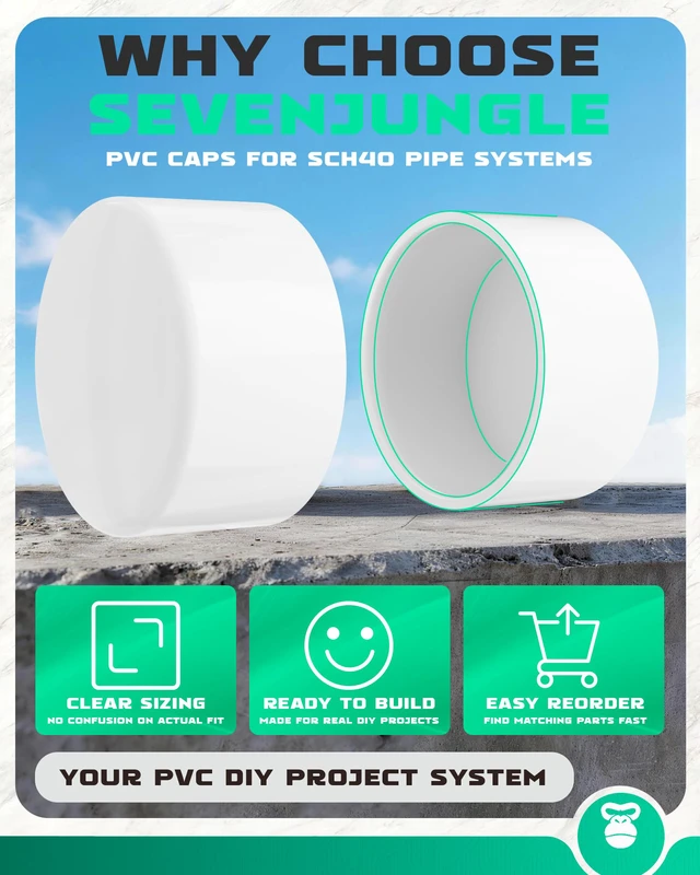 Alt view image 6 of 7 - 8 Inch PVC Cap, Fits Standard 8" SCH 40 PVC Pipe with 8.625" OD Furniture Grade White PVC End Caps for Clean Secure Pipe Closure, DIY Furniture, Garden Irrigation, Plumbing
