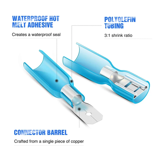 Alt view image 5 of 7 - 250PCS Male Female Fully Insulated Heat Shrink Spade Terminal | Electrical Waterproof Wire Connectors for 22-16AWG 16-14AWG 12-10AWG Wires for Automotive Marine Wiring Project