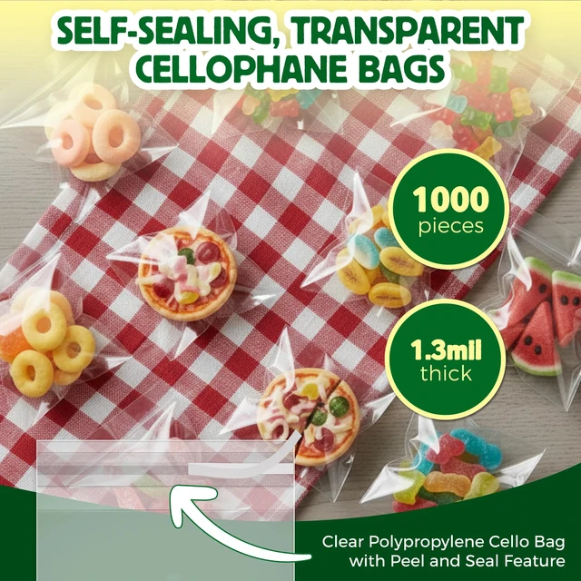 Alt view image 2 of 6 - Self Sealing Cellophane Bags - 3" x 4" (1000 Count) - Clear Plastic Resealable Cello Bag - Cellophane Treat Bags, Cookie Bags for Packaging, Candy bags, Cello Bags, Pastry Bags