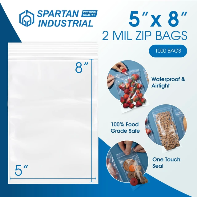 Alt view image 2 of 6 - 5 X 8 (1000 Count) 2 Mil Clear Reclosable Zip Plastic Poly Bags with Resealable Lock Seal Zipper