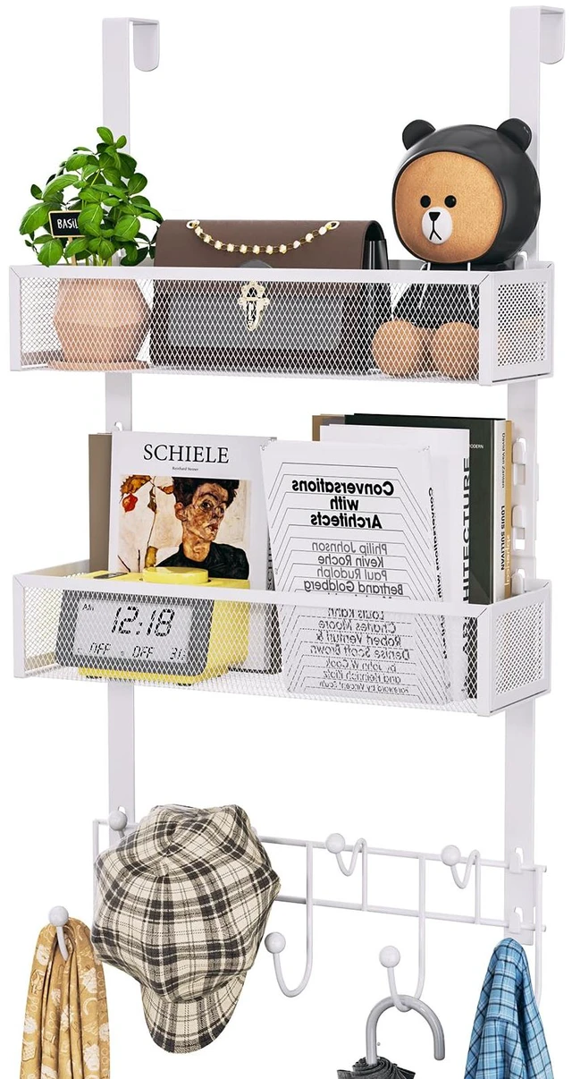 Main image of Over The Door Organizer with Coat Hooks and 2 Baskets, Stainless Steel Rustproof Over The Door Hanger Hooks for Bathroom, Kitchen, Bedroom-White (for 1.76in Doors)