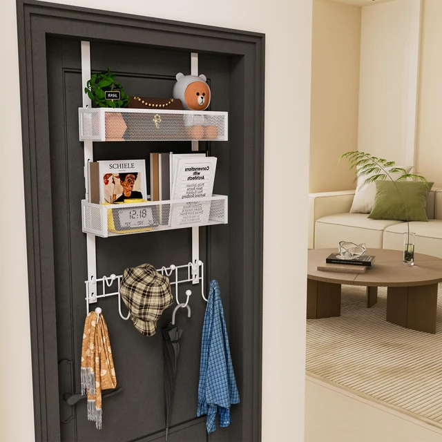 Alt view image 2 of 7 - Over The Door Organizer with Coat Hooks and 2 Baskets, Stainless Steel Rustproof Over The Door Hanger Hooks for Bathroom, Kitchen, Bedroom-White (for 1.76in Doors)