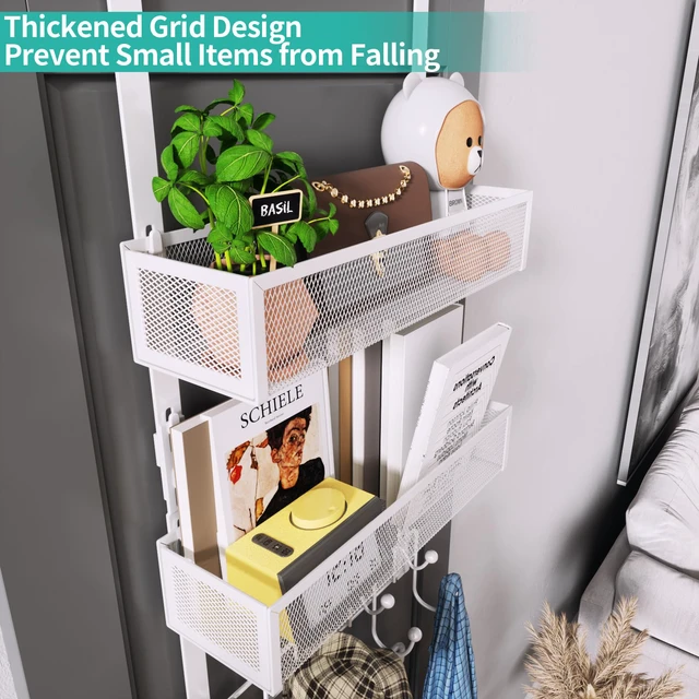 Alt view image 5 of 7 - Over The Door Organizer with Coat Hooks and 2 Baskets, Stainless Steel Rustproof Over The Door Hanger Hooks for Bathroom, Kitchen, Bedroom-White (for 1.76in Doors)