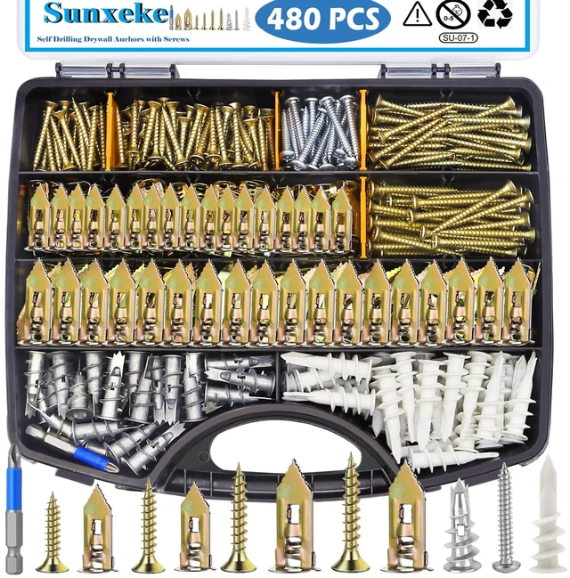 Main image of 480 PCS Self Drilling Drywall Anchors Kit with Screws - 4 Sheetrock Anchors & 5 Screw Sizes (2026 Upgraded), No Drill Needed, Zinc Plated Steel and Plastic, Heavy Duty Wall Anchors