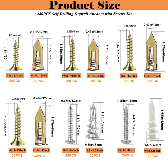 Alt view image 2 of 7 - 480 PCS Self Drilling Drywall Anchors Kit with Screws - 4 Sheetrock Anchors & 5 Screw Sizes (2026 Upgraded), No Drill Needed, Zinc Plated Steel and Plastic, Heavy Duty Wall Anchors