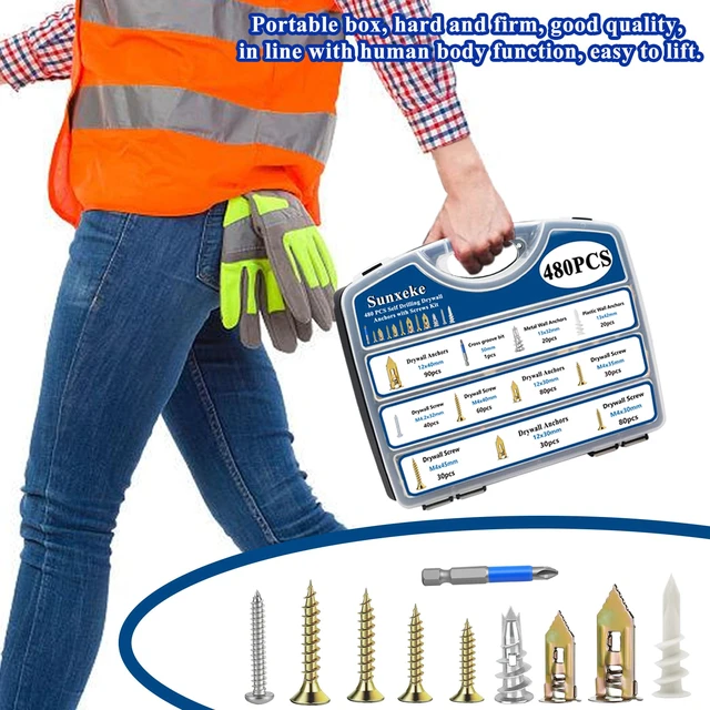 Alt view image 3 of 7 - 480 PCS Self Drilling Drywall Anchors Kit with Screws - 4 Sheetrock Anchors & 5 Screw Sizes (2026 Upgraded), No Drill Needed, Zinc Plated Steel and Plastic, Heavy Duty Wall Anchors