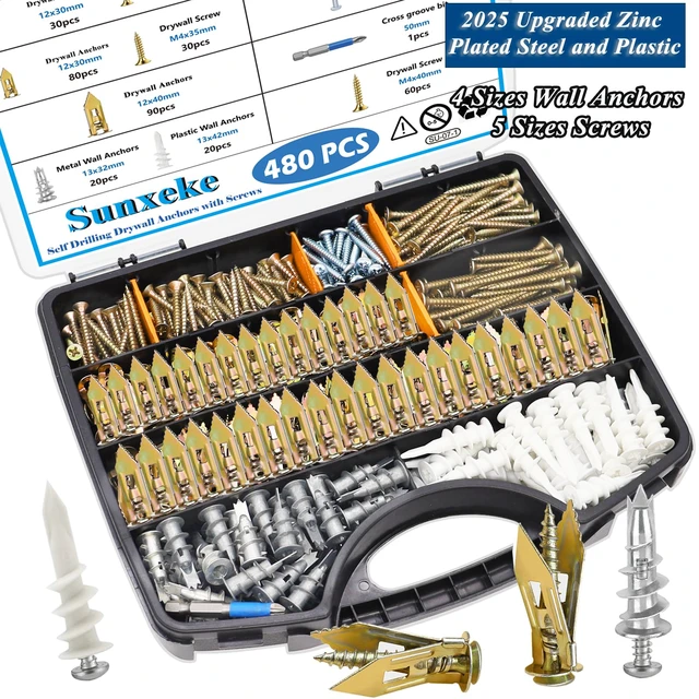 Alt view image 4 of 7 - 480 PCS Self Drilling Drywall Anchors Kit with Screws - 4 Sheetrock Anchors & 5 Screw Sizes (2026 Upgraded), No Drill Needed, Zinc Plated Steel and Plastic, Heavy Duty Wall Anchors