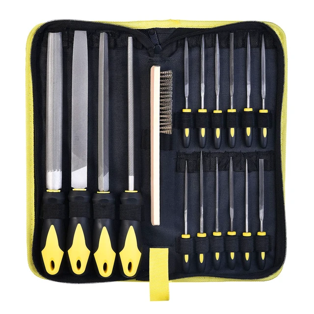 Main image of Metal File Set, Large Flat File/Half-Round File/Triangle File/Round File With 12 pcs Needle Files, Storage Bag and Steel Brush, Ergonomic Handles, For Woodwork, Metal, Leather and Plastic