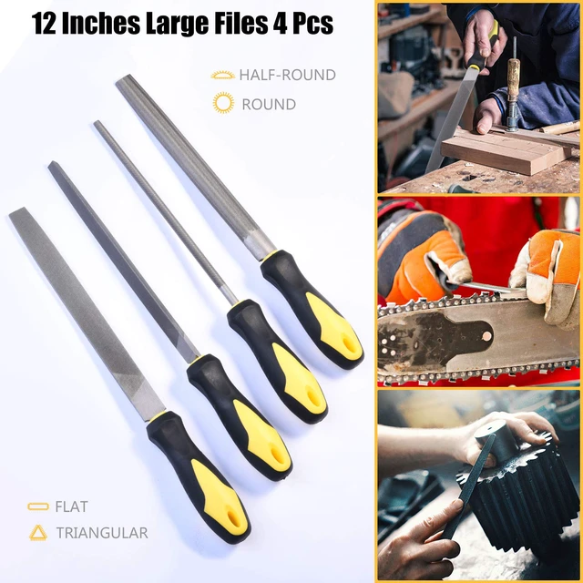 Alt view image 2 of 7 - Metal File Set, Large Flat File/Half-Round File/Triangle File/Round File With 12 pcs Needle Files, Storage Bag and Steel Brush, Ergonomic Handles, For Woodwork, Metal, Leather and Plastic