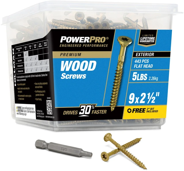 Main image of Exterior Wood Screws, #9 x 2-1/2in, 443 Pack, Bronze Bronze epoxy finish, star drive with flat head, for deck boards and treated lumber, T25 bit included, reduces splitting