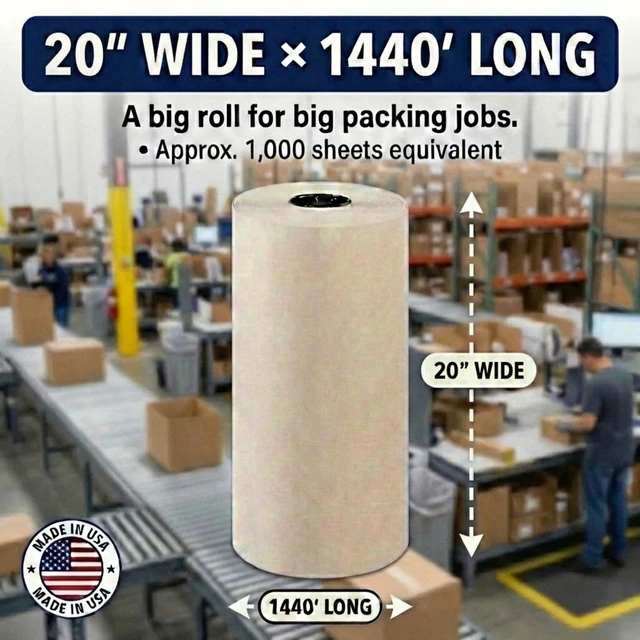 Alt view image 2 of 6 - Packing Paper Roll 1440'L x 20"W - 1,000 Sheets 17 Long Equivalent - Large White Newsprint for Shipping, Packaging, Storage and Moving Supplies