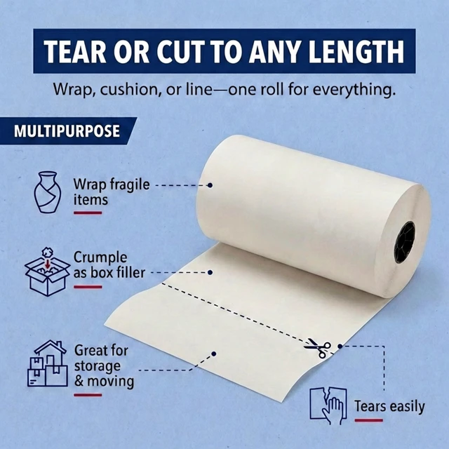 Alt view image 5 of 6 - Packing Paper Roll 1440'L x 20"W - 1,000 Sheets 17 Long Equivalent - Large White Newsprint for Shipping, Packaging, Storage and Moving Supplies