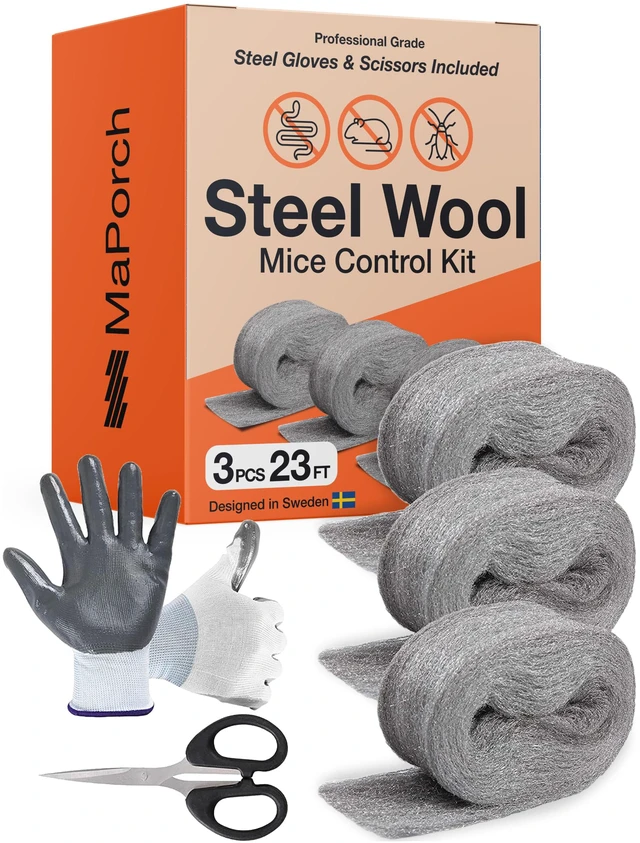 Main image of Steel Wool Mice Control 3-pc, Mouse Hole Filler, Scissors & Gloves
