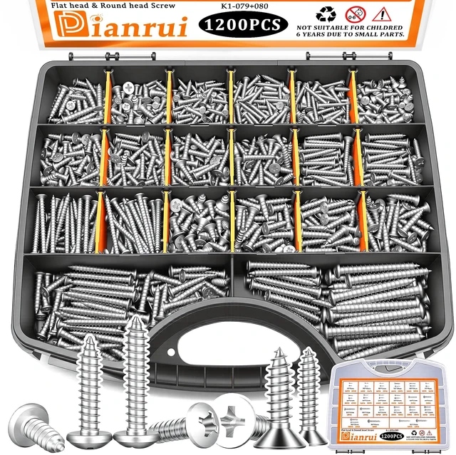 Main image of 1200 PCS Wood Screws Assortment Kit, Assorted 304 Stainless Steel Screws M3/M4/M5/M6, Phillips Drive Sheet Metal Self Tapping Screw Set Marine Grade (Pan & Flat Head Screw) Length 1/4" to 2"