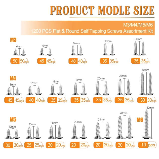 Alt view image 3 of 6 - 1200 PCS Wood Screws Assortment Kit, Assorted 304 Stainless Steel Screws M3/M4/M5/M6, Phillips Drive Sheet Metal Self Tapping Screw Set Marine Grade (Pan & Flat Head Screw) Length 1/4" to 2"