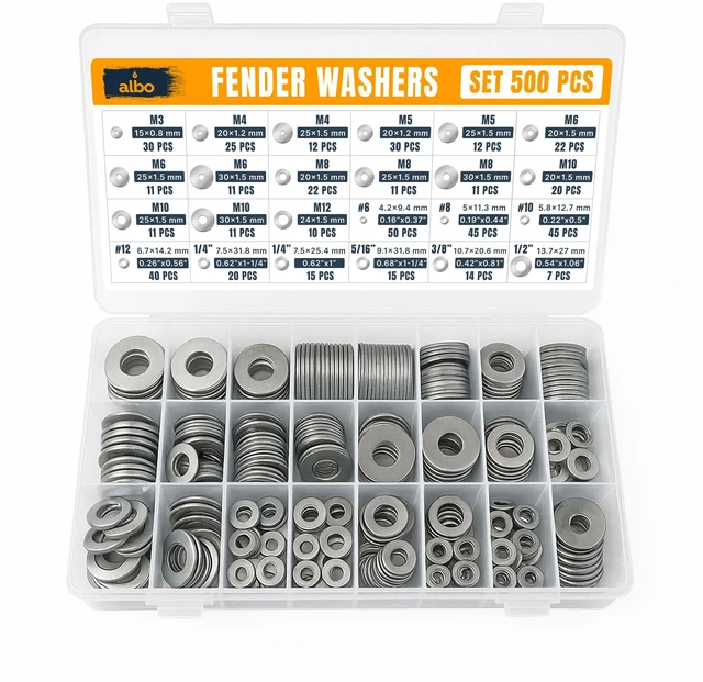 Main image of 500 Pcs 304 Stainless Steel Fender Washers, M3-M12 & SAE Sizes Extra-Wide Bearing Surface, Helps Prevent Pull-Through and Surface Damage, Reusable Storage Case