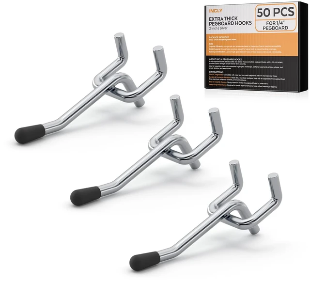 Main image of 50 Pack 2 Inch Pegboard Hooks with Rubber Tipped, 1/4" Heavy Duty Peg Board Hooks Accessories,Peg Board Tool Hangers Fit 1/4" Pegboard, For Hanging Tools Garage, Craft Room, Kitchen, Store