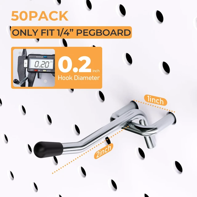 Alt view image 3 of 7 - 50 Pack 2 Inch Pegboard Hooks with Rubber Tipped, 1/4" Heavy Duty Peg Board Hooks Accessories,Peg Board Tool Hangers Fit 1/4" Pegboard, For Hanging Tools Garage, Craft Room, Kitchen, Store
