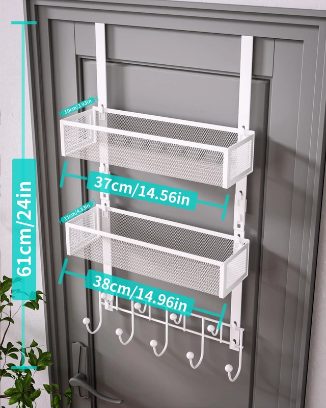 Alt view image 7 of 7 - Over The Door Organizer with Coat Hooks and 2 Baskets, Stainless Steel Rustproof Over The Door Hanger Hooks for Bathroom, Kitchen, Bedroom-White (for 1.76in Doors)