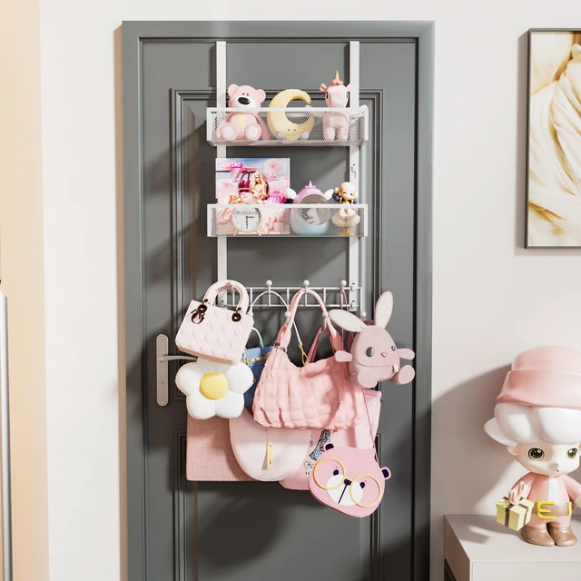 Alt view image 6 of 7 - Over The Door Organizer with Coat Hooks and 2 Baskets, Stainless Steel Rustproof Over The Door Hanger Hooks for Bathroom, Kitchen, Bedroom-White (for 1.76in Doors)