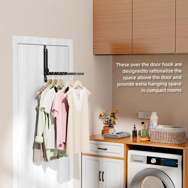 Alt view image 5 of 7 - 2 Pack Heavy Duty Over the Door Hooks, Compact 10 Ridges Double Folding Over the Door Clothes Hanger, Space Saving Over the Door Drying Rack for Laundry Bedroom, Rustproof & Waterproof(Black)
