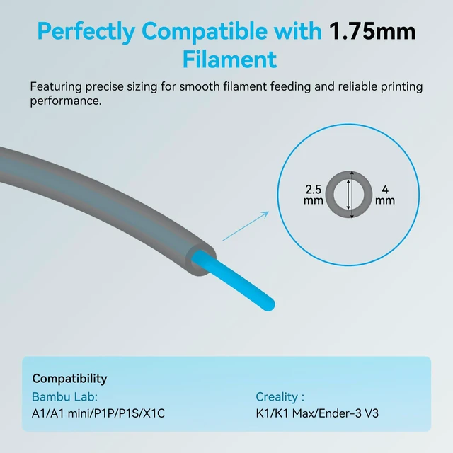 Alt view image 4 of 7 - Ultra-Smooth PTFE Tube for 1.75mm filament with Cutter for Extruder,2.5mm IDx4mm OD Length 5M Bowden Tube Compatible with Bambu Lab A1/A1 mini/P1P/P1S/X1C and K1/K1 Max/Ender 3 V3 (Transparent Grey)