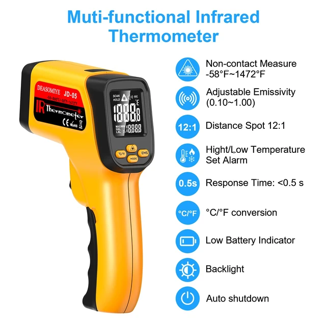 Alt view image 2 of 7 - Non-Contact Infrared Thermometer Gun, High Accuracy -58°F to 1472°F, Adjustable Emissivity, Ir Thermometer with Backlit LCD, Over-Temp Alarm, Laser Temperature Gun for Cooking,BBQ,HVAC