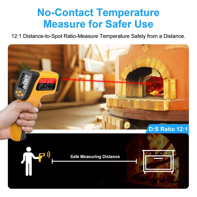 Alt view image 3 of 7 - Non-Contact Infrared Thermometer Gun, High Accuracy -58°F to 1472°F, Adjustable Emissivity, Ir Thermometer with Backlit LCD, Over-Temp Alarm, Laser Temperature Gun for Cooking,BBQ,HVAC