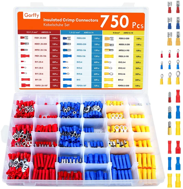 Main image of 750PCS Wire Connectors Kit, Male and Female Spade Connectors, 27 Types Electrical Connector Kit 0.5-6.0mm², Insulated Terminal Connector, Includes Spade Ring Fork Wire Terminal