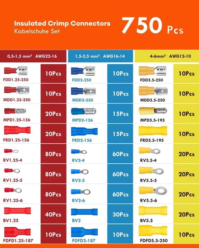 Alt view image 2 of 7 - 750PCS Wire Connectors Kit, Male and Female Spade Connectors, 27 Types Electrical Connector Kit 0.5-6.0mm², Insulated Terminal Connector, Includes Spade Ring Fork Wire Terminal