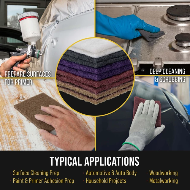 Alt view image 6 of 6 - Premium 6" x 9" 10 Scuff Pad Variety Pack, 2 Each Maroon, Gray, Gold, Purple and White - Scuffing, Scouring, Sanding, Cleaning, Blending, Paint Surface Prep Adhesion - Automotive Auto Body
