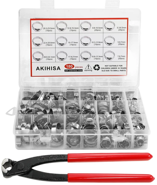 Main image of 180 PCS Single Ear Hose Clamps, 12 Sizes 5.3-33.1mm Crimp Hose Clamps with Ear Clamps Pincer, 304 Stainless Steel Crimp Pinch Fitting Tools Kit