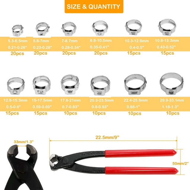 Alt view image 2 of 7 - 180 PCS Single Ear Hose Clamps, 12 Sizes 5.3-33.1mm Crimp Hose Clamps with Ear Clamps Pincer, 304 Stainless Steel Crimp Pinch Fitting Tools Kit