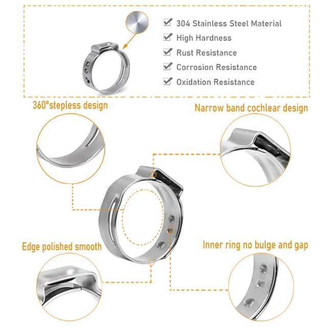 Alt view image 3 of 7 - 180 PCS Single Ear Hose Clamps, 12 Sizes 5.3-33.1mm Crimp Hose Clamps with Ear Clamps Pincer, 304 Stainless Steel Crimp Pinch Fitting Tools Kit