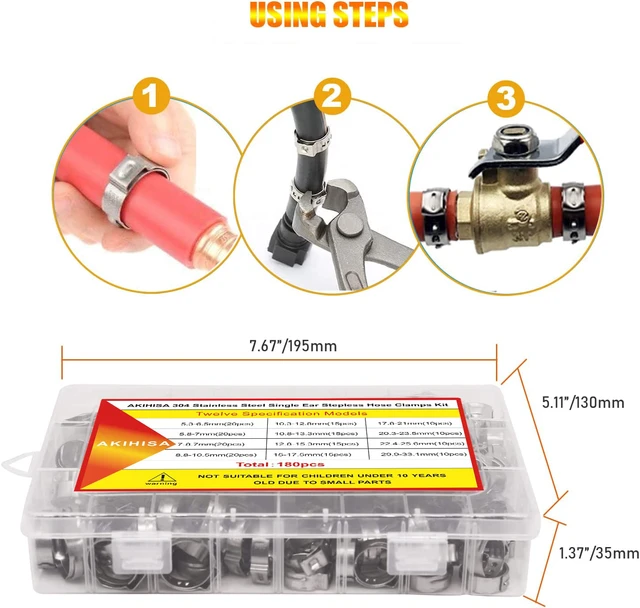 Alt view image 5 of 7 - 180 PCS Single Ear Hose Clamps, 12 Sizes 5.3-33.1mm Crimp Hose Clamps with Ear Clamps Pincer, 304 Stainless Steel Crimp Pinch Fitting Tools Kit