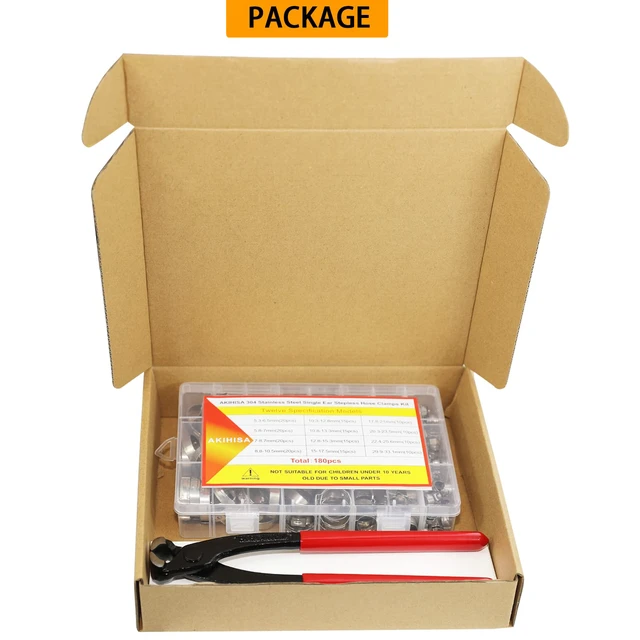 Alt view image 7 of 7 - 180 PCS Single Ear Hose Clamps, 12 Sizes 5.3-33.1mm Crimp Hose Clamps with Ear Clamps Pincer, 304 Stainless Steel Crimp Pinch Fitting Tools Kit
