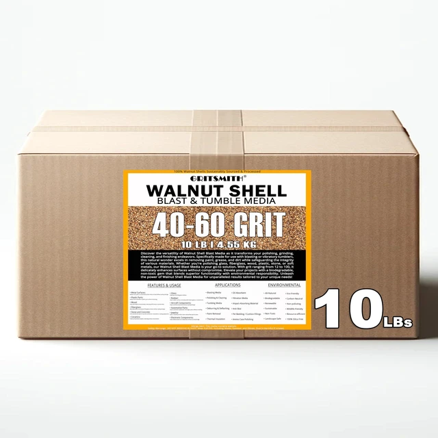 Main image of 40-60 Grit Premium Ground Crushed Walnut Shell Media (10 LBS / 4.55 KG) Extra Fine Grit, Sand Blasting, Vibratory Tumbling, Engine Carbon Cleaning, Polish, Deburr, Scale Modeling, Anti-Slip, Crafts