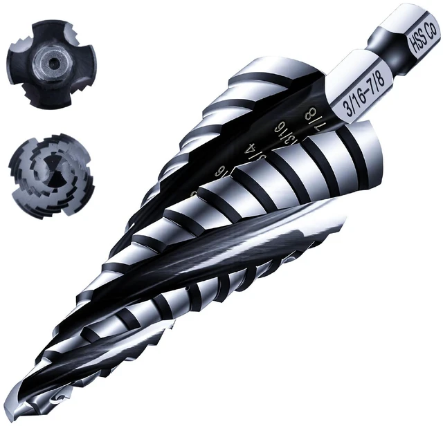 Main image of toolant M35 Cobalt Step Drill Bit, 3/16"-7/8", TiAlN, 1/4" Hex Shank M35 Cobalt HSS; TiAlN Coating; Four Spiral Flutes; 1/4" Hex Shank Unibit; Metal/Stainless/Aluminum/Plastic