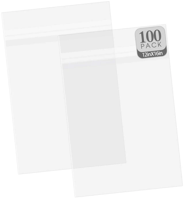 Main image of 12x16 Inch Crystal Sealed Clear Plastic Sleeves,100 Pack Resealable Adhesive, Clear Stoarge Bags, For Pictures, Photos, Framing Mat Mattes, 12-2/5" x 16-1/2"