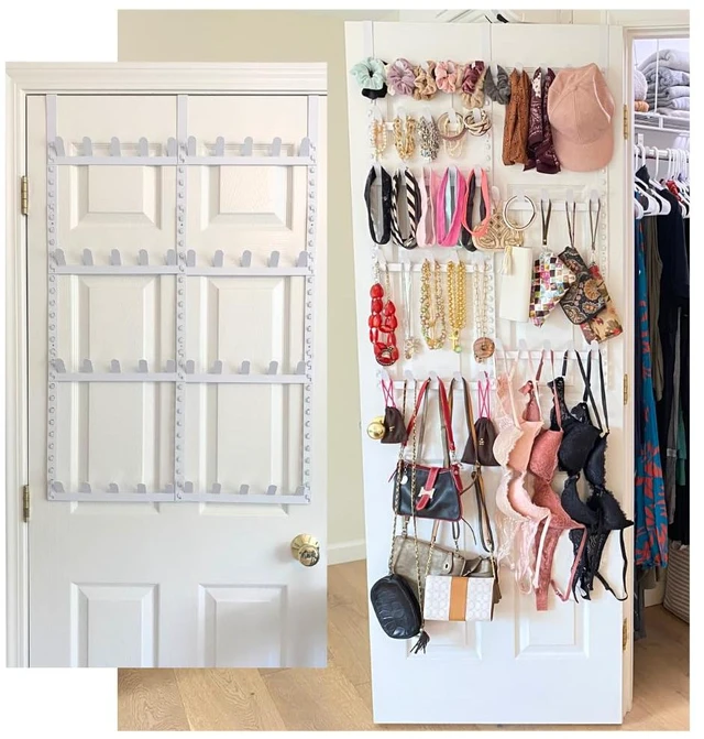 Main image of Rack for Purses, Belts, Jewelry, Ties, Hats - New Over the Door Organizer - Adjustable 8 Tier - 40 Hooks for Multi Uses - Easy Assembly - No Tools Needed - White Coated Sturdy Metal