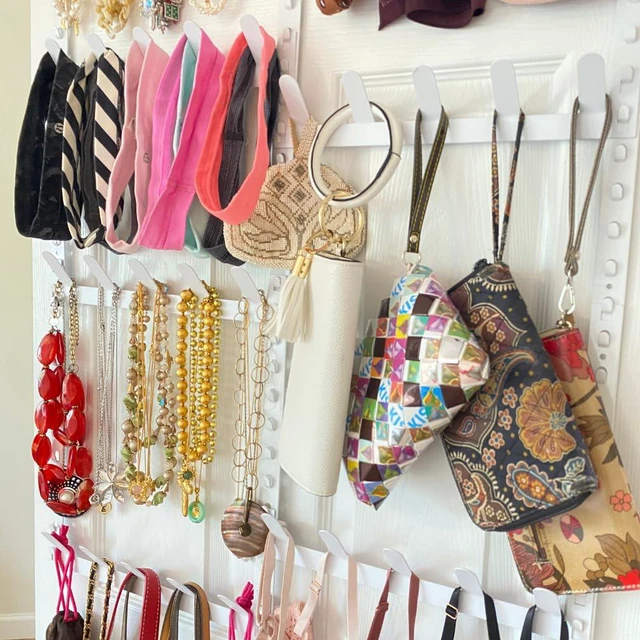 Alt view image 2 of 6 - Rack for Purses, Belts, Jewelry, Ties, Hats - New Over the Door Organizer - Adjustable 8 Tier - 40 Hooks for Multi Uses - Easy Assembly - No Tools Needed - White Coated Sturdy Metal