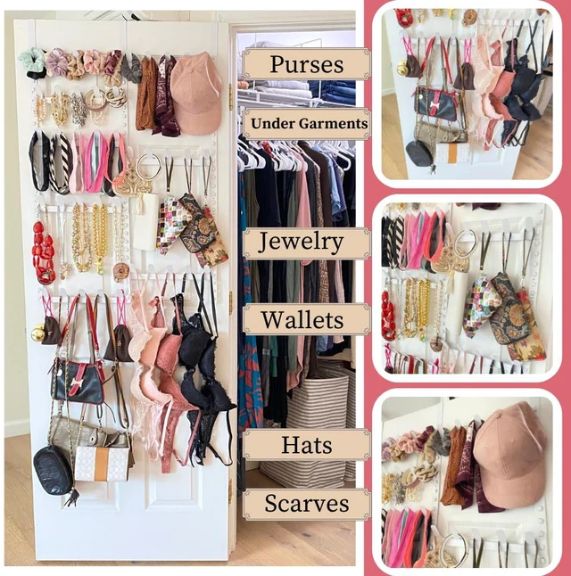 Alt view image 3 of 6 - Rack for Purses, Belts, Jewelry, Ties, Hats - New Over the Door Organizer - Adjustable 8 Tier - 40 Hooks for Multi Uses - Easy Assembly - No Tools Needed - White Coated Sturdy Metal