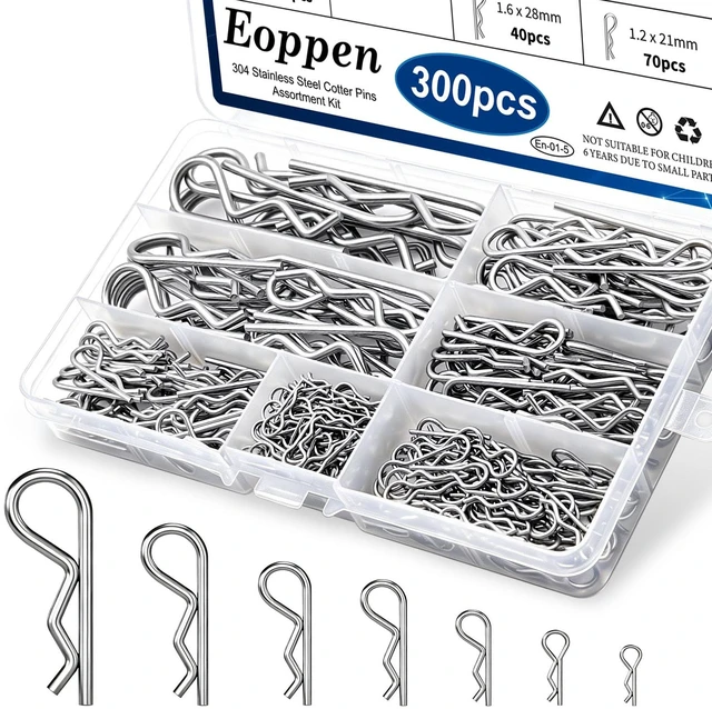 Main image of 300Pcs Cotter Pin Assortment Kit - 304 Stainless Steel 7 Sizes R Clips Cotter Pins for Automotive, Trailer, Hitch Pin Lock System
