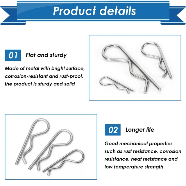Alt view image 4 of 6 - 300Pcs Cotter Pin Assortment Kit - 304 Stainless Steel 7 Sizes R Clips Cotter Pins for Automotive, Trailer, Hitch Pin Lock System